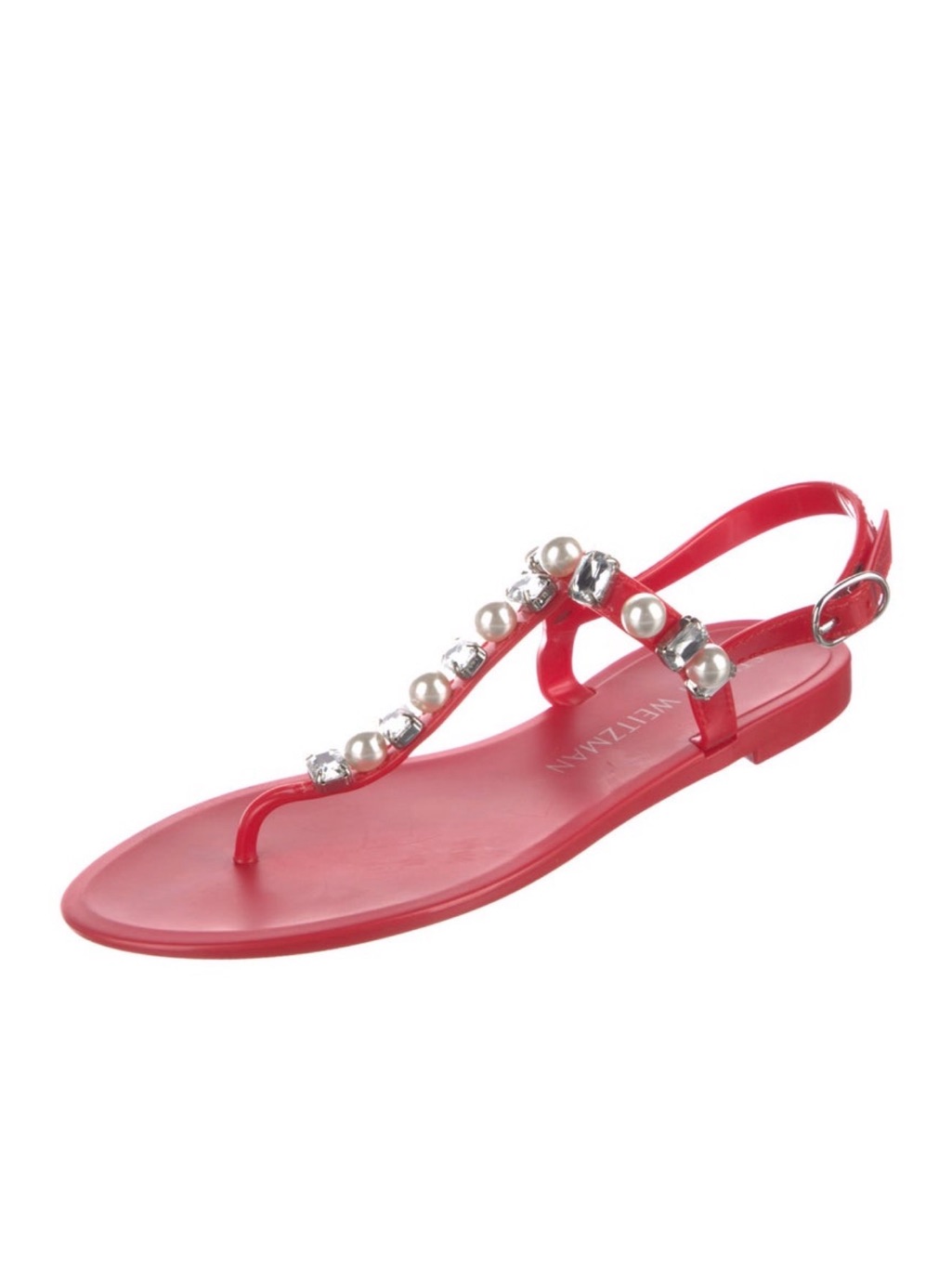 Euc Stuart Weitzman Red Crystal Embellishments Jelly T-Strap Sandals